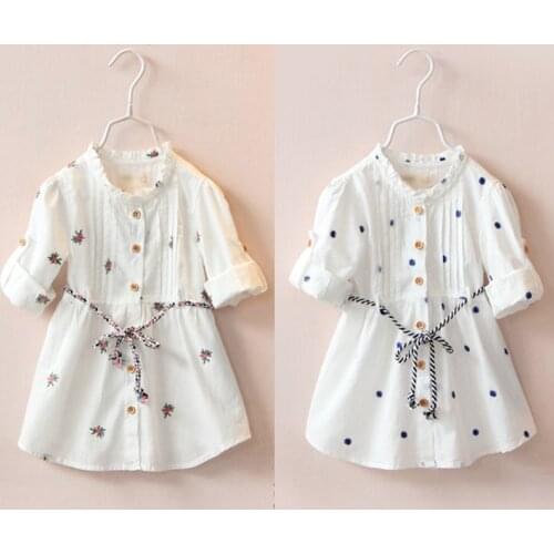 2021 Spring Autumn Female ChildrenS Clothing Baby Kids Girls Cotton Embroidery Print Long Short Sleeve White Dresses With Belt