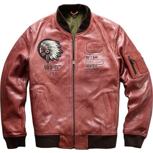 A1827 Read Description! Asian Size Mens Sheep Leather Genuine Vintage Embroidery Bomber Jacket For Male Dress