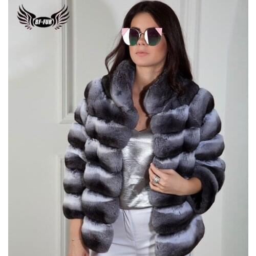 BFFUR Winter Short Rex Rabbit Fur Jackets With Collar Natural Full Pelt Rabbit Fur Coats For Women Chinchilla Color Overcoats