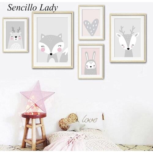 Kawaii Woodland Animal Wall Art Painting Deer Fox Nursery Poster Canvas Painting Cartoon Picture Baby Kids Bedroom Decoration