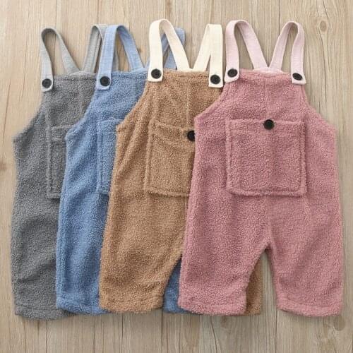 Baby Girls Suspender Romper Overall Solid Color Sleeveless Straps Jumpsuits with Pocket Casual Fleece Warm Fall Clothes Children