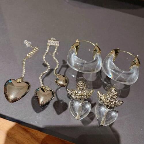 Korea Fashion Transparent Acrylic Metal Earrings 18K Gold Plated Zircon Diamond Asymmetric Heart Angel Earrings for Women