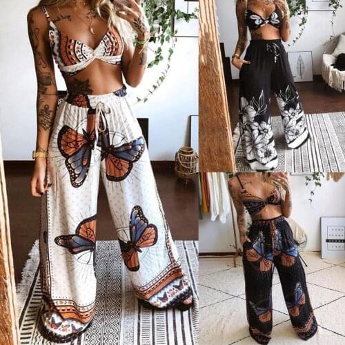 Two-Piece Suit Summer Women Bohemia Beach Style Print Underwear Loose Wide Leg Pants 2pcs Outfits Tracksuit Sets 2021 dropship