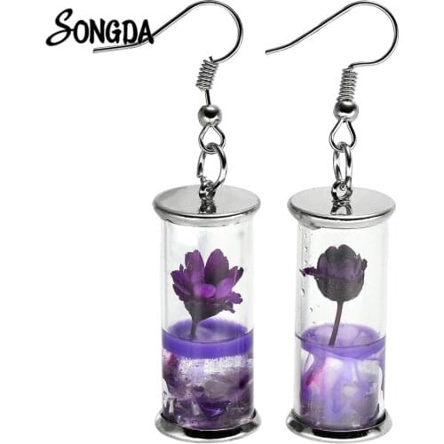 Natural Dry Flower Fashion Earrings Handmade Pink Purple Dry Beautiful Flower Glass Bottle Drop Earrings For Women Girls