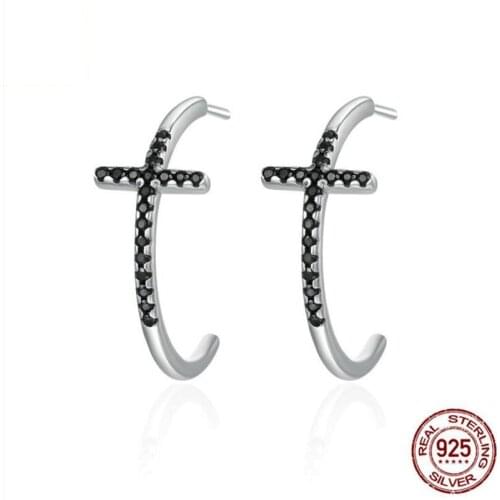 Fashion Trendy Cubic Zircon Stone Cross Stud Earrings For Women 100% Real 925 Sterling Silver C Shaped Earring Party Gifts