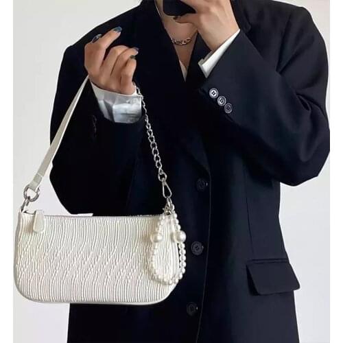 Fashion Pearl Chain Women Shoulder Bags Fold Underarm Bag 2021 New Casual Shine Beading Women Handbag Vintage Purse