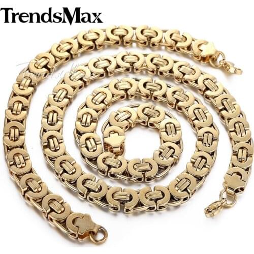 11MM Mens Chain Boys Gold Tone Flat Byzantine Stainless Steel Bracelet Necklace SET Wholesale JEWELRY Fashion Gift KS78