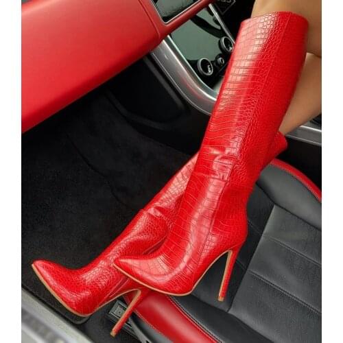 Newest Red Python Print Faux Leather Long Boots Pointed Toe Zipper Stiletto Heels Snakeskin Knee High Boots Size 42 Drop Ship