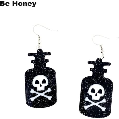 Transparent Fluorescent Green Alien White Skull Wine Bottle Acrylic Pendant Earrings For Women Hollow Party Club Fashion Jewelry