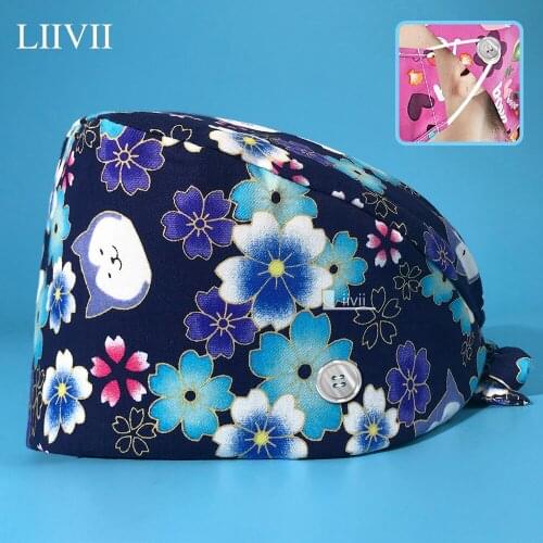 Adjustable Pet Grooming Clinic Doctor Work Scrubs Caps Cartoon Print Pharmacist Work Cap Health Service Work Scrub Hat Anti-dust