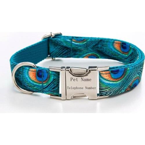 Adjustable Personalized Peacock pattern Pet Dog Collar Breathable Custom Name ID Pet Dog Collar for Small Medium Large Dogs Pug