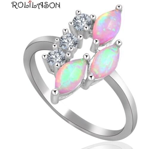 ROLILASON Delicate white Zircon Design fashion jewelry for women romantic Pink fire Opal Silver Rings USA size #6#7#8#9 OR627