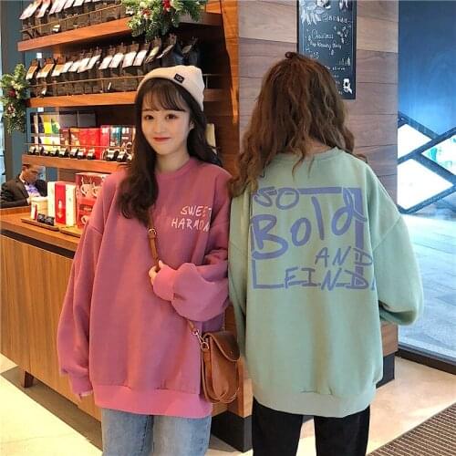 Hoodies Plus Velvet O-neck Sweatshirt Women Long Sleeve Korean Loose Thick Coat Streetwear Harajuku Pullovers Sister Outfit Tops