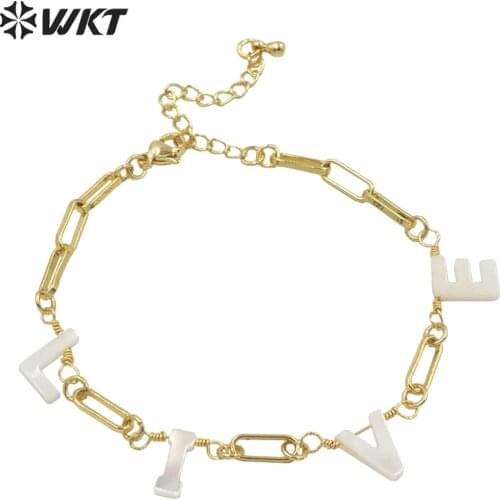 WT-MPB036 Fashion Gold Plated white shell handmade letters charm bracelet Charming lady vintage style hand craft letter bracelet