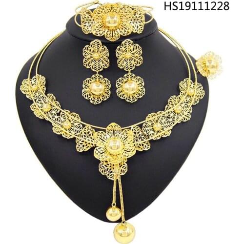 Yulaili Shinning Flower Shape Crystal Necklace Earrings Bracelet Ring for Women Party Wedding Dubai Gold Jewelry Sets