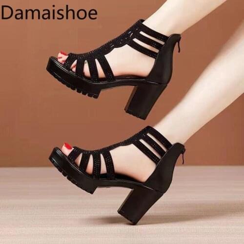 Womens Sandals Chunky Heel 2021 New Roman Mother Rhinestone Peep Toe Mid Heels Soft Bottom Open Toe Boots Middle-Aged Sandals