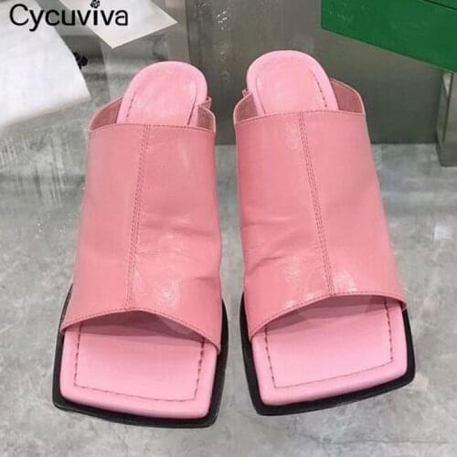 Square Toe Pink Women High Heel Slippers Brand Runway Back Cover Leather Slides Summer Party Dress Shoes For Women Heel 6.5 CM