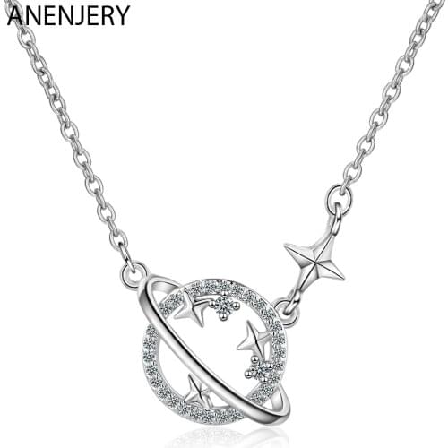 ANENJERY 925 Sterling Silver Sweet Dream Planet Star Pendant Necklaces Clavicle Chain Cubic Zircon Necklace For Women S-N501