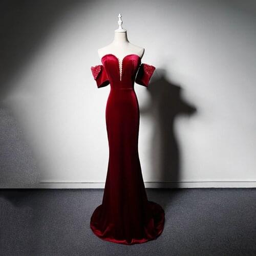 Evening Dress Burgundy Short Sleeves Mermaid Simple Elegant Boat Neck Lace Up New Floor-Length Party Formal Dresses Woman B1009