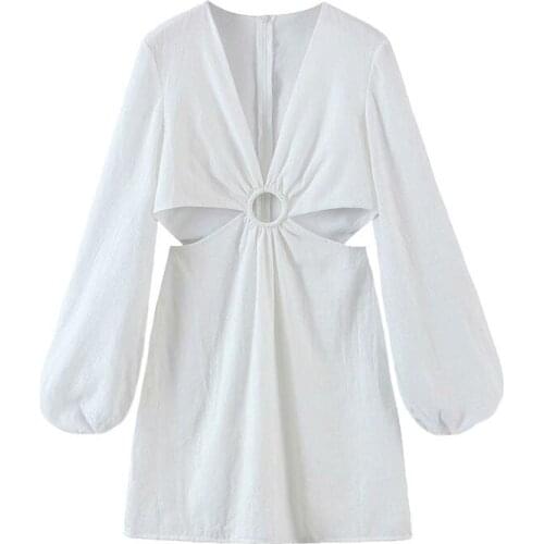 DOUJILI White Dress Soft Cotton Long Sleeve V Neck Hollow Waist Elegant Women Dress 2021 New Style