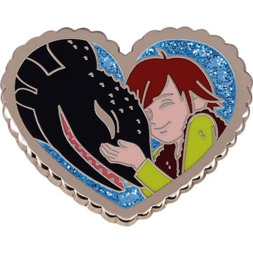 Toothless and Hiccup Enamel Pin Black Dragon with girl glitter heart brooch