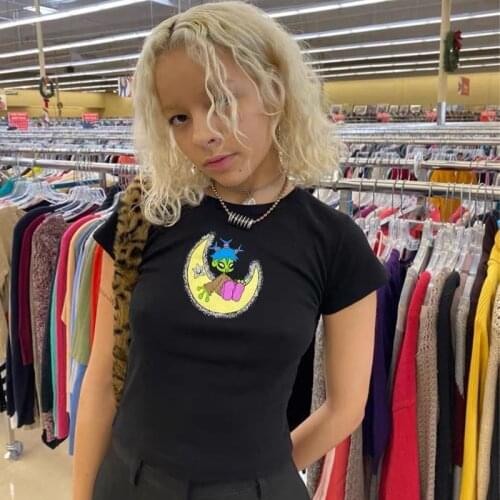 Alien Girl Print Gothic Punk T-Shirt Women Summer Black Crop Top Harajuku Fashion Girls T-shirt Street Hip Hop Tee Shirt Femme