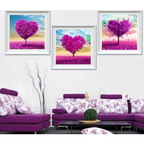 GLymg Needlework 5D Diy Diamond Painting Cross Stitch Love Tree Diamond Embroidery Purple Plant Triptych Round Mosaic Picture