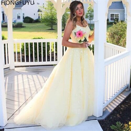 HONGFUYU Leaf Lace Embroidered A-line Prom Dresses with Corset Lace Up Back Tulle Formal Evening Dress robe de soiree Yellow