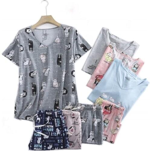 Summer Female Casual Cartoon Pajama sets Ladies 100% Cotton Sleepwear suit Women pijama mujer grande Ladies pajama short sets
