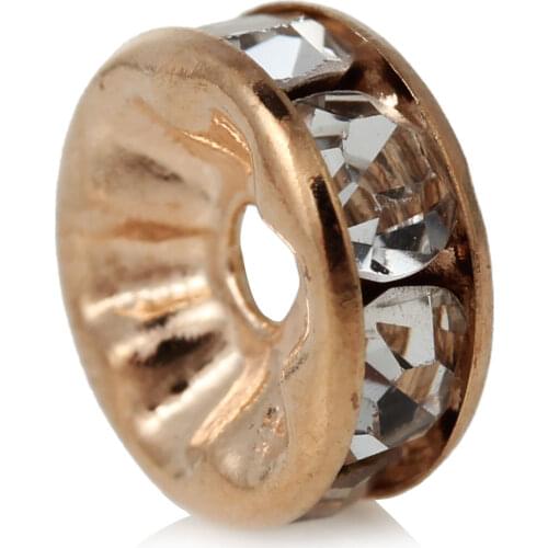 DoreenBeads Copper Rondelle Spacer Beads Round rose gold color Clear Rhinestone About 8mm( 3/8") Dia,Hole:Approx 1.8mm,50 PCs