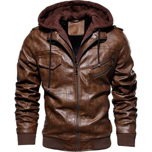 Mens Leather Jacket Motorcycle Hooded Jackets Vintage PU Leather Coat Winter Outwear Fashion Chaqueta Moto Hombre Clothing