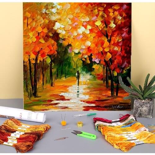 Afremov Fall Park Original Art Pre-Printed 11CT Cross Stitch Embroidery Kit DMC Threads Handmade Painting Handiwork Design