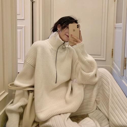 Autumn Winter Knitted Turtleneck Sweater Women Casual Zipper Polo Collar Loose Pullovers Female White Black Grey Jumper 2021