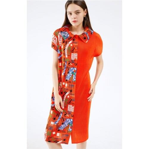 HOT SELLING Miyake fold short sleeve Buttons letter print turn-down collar dress IN STOCK