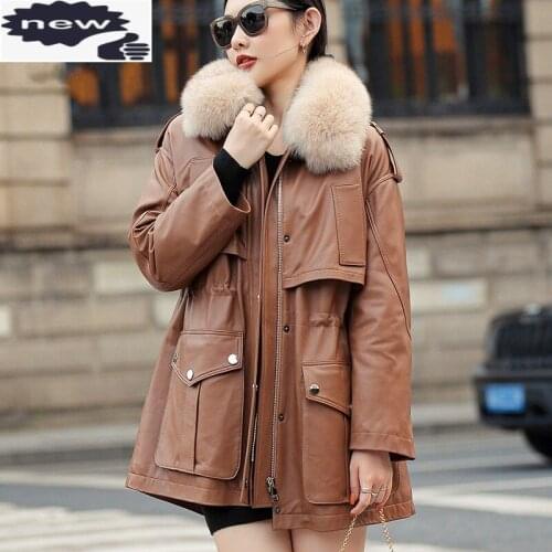 Luxury Ladies Fox Fur Collar Mid Long Genuine Leather Down Jacket Women Adjustable Waist Sheepskin Thick Warm Coat 2021 Overcoat