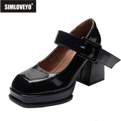 SIMLOVEYO 2021 Black Punk Chunky Heel Designer Platform Mary Janes Shoes Women Patent Leather Square Toe Goth Ladies Pumps A4360