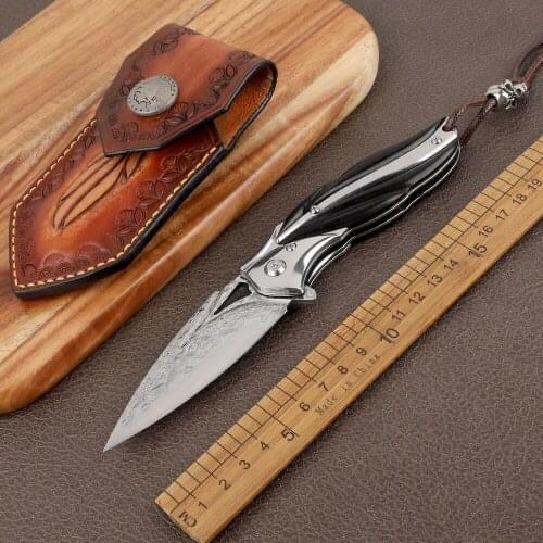 VG10 Damascus steel kitchen fruit folding knife ebony handle tactical outdoor camping survival hunting self-defense EDC tool