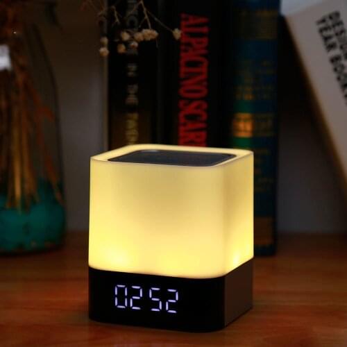 LED Alarm Clock Night Light USB Wireless Bluetooth-compatible Speaker Cube Shape Desktop Clock Digital Touch Dimming Table Lamp