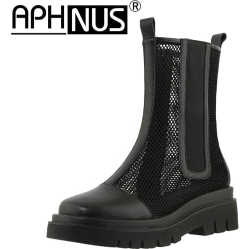 APHNUS Womens Boots Chelsea Cow Leather Cut Outs Low Mid Heels Pumps Flats Woman 2021 Shoes For Women New