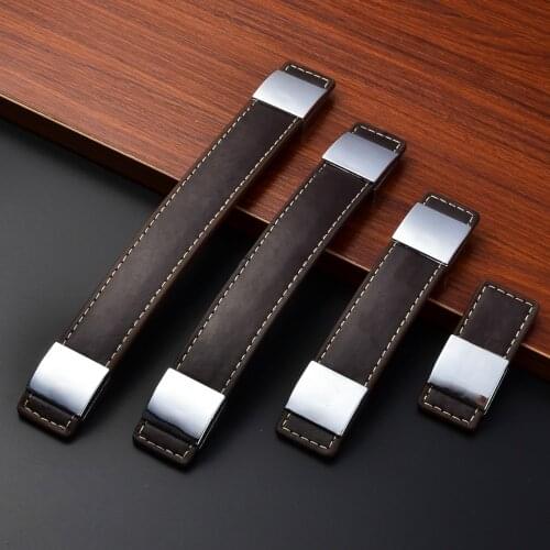 Single Hole/96mm/160mm/192mm Dark Brown Vintage Leather Door Handle Cabinet Drawer Pull Knob for Furniture Hardware Fittings