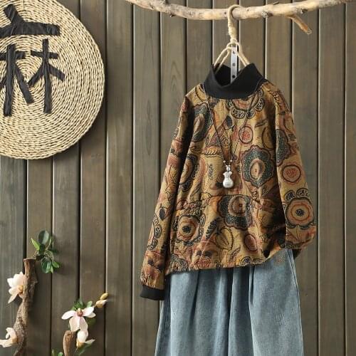 Vintage Turtleneck Pullover Sweatshirts For Women Long Sleeve Autumn Winter Warm Fleece Hoodies Tops Art Warm Pocket Sudaderas