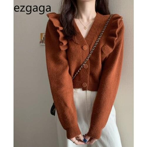 Ezgaga Vintage Women Sweater Ruffles Patchwork Autumn 2021 Korean Fashion Cardigan Long Sleeve Outwear Solid Loose All-Match
