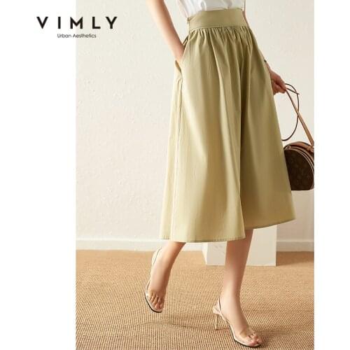 VIMLY Summer Skirts For Women Elegant High Waist Long Skirts Office Lady Pockets Zipper Skirt Khaki Green Vintage Bottoms F7966