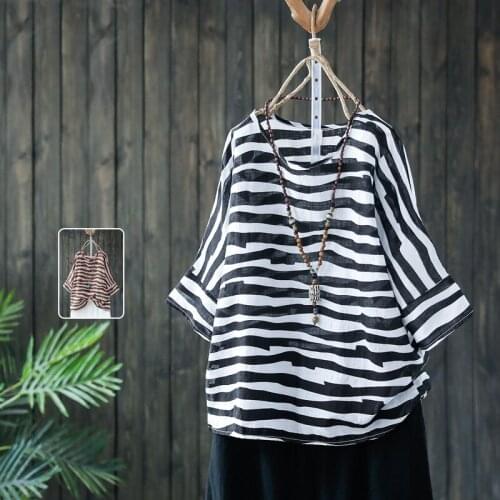 Loose Striped Cotton Linen Blouse Women Casual Plus Size High Quality Tunic Korean Style Thin Summer New Womens Shirts Blusas
