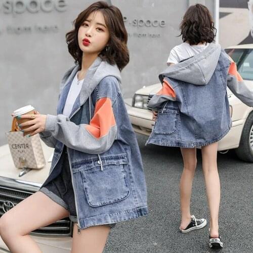 2021 Patchwork Denim Jackets Fashion Zipper Hooded Collar Womens Clothing Casaco Feminino Korean Female Long Sleeve Short Coat