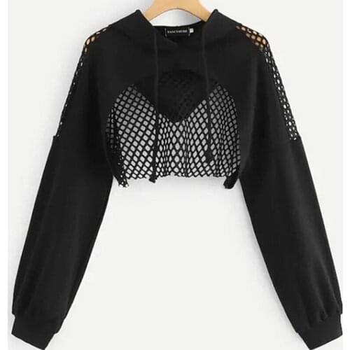 Women Mesh Long Sleeve Hooded Fitness Black Solid Color Women Sports Hoodie Sexy Short Cropped Navel Tops Crop Top
