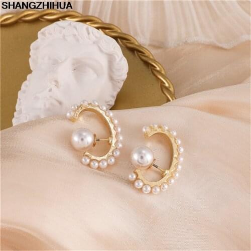 Womens Jewelry Super Flash Metal Design Feeling Half Arc Pearl Earrings, Elegant South Korea Push-back Zinc Alloy Vintage AA233