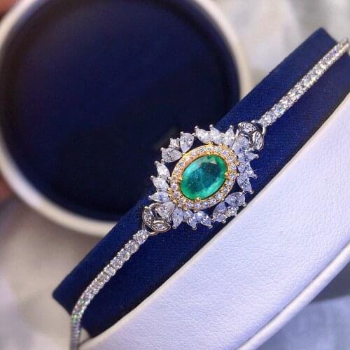 Trendy 925 Silver Au750 White Gold Natural Colombian Emerald Tennis Chain Bracelets for Women Europe Emerald Gem Bracelet Gift