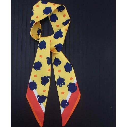 Fashion Euro Black Cartoon Print Twill Silk Scarf Women Striped Headband Handle Bag Ribbon Luxury Brand Summer Small Scarves