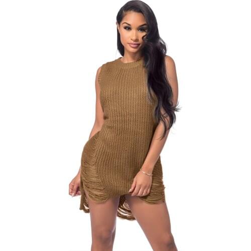 Women Sleeveless Oversized Loose Knitted Crew Neck Pullover Long Sweater Dresses Tops
